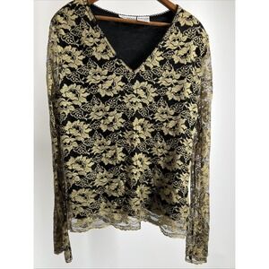 Kathy Ireland Pullover Top Long Sleeve Black & Gold Lace Floral Whimsigoth XL
